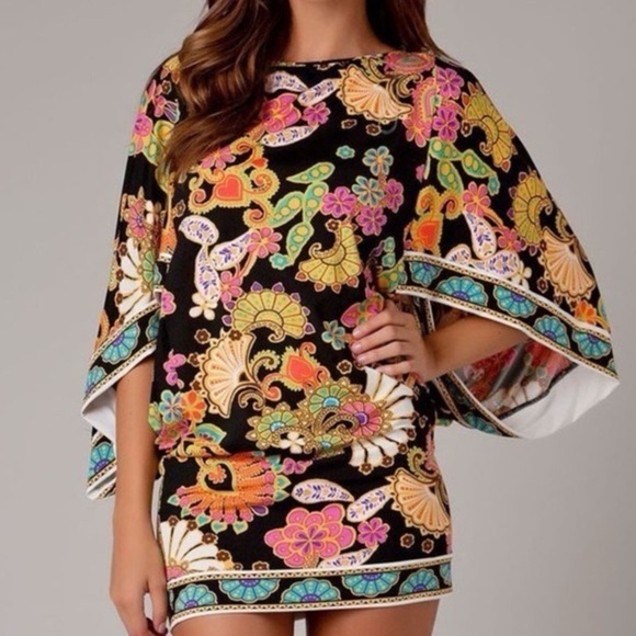 Trina Turk “Nandini” Print Swim CoverUp Tunic Dress Black Pink Floral Paisley XS - Picture 1 of 7